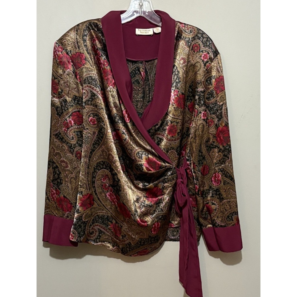 Vtg Gold Label Victorias Secret Paisley Satin Wrap Front Pajama Top Bed Jacket S